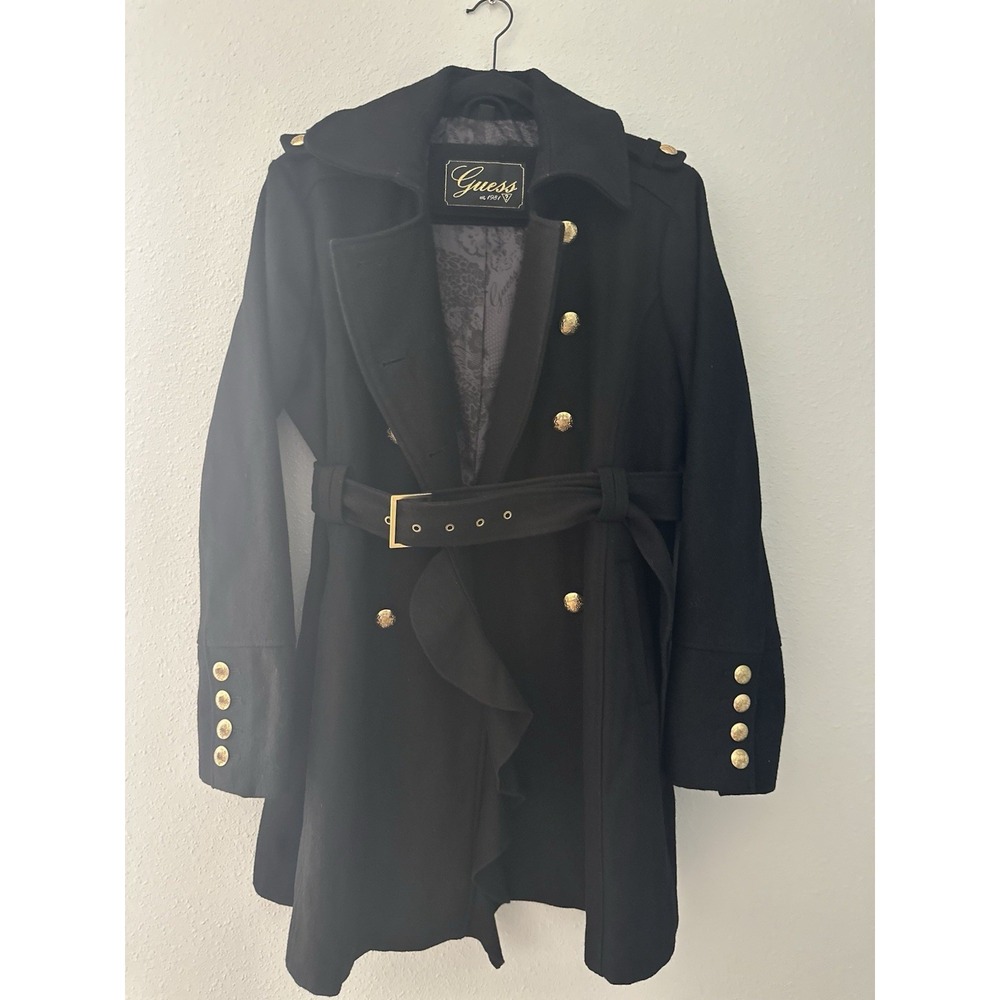 GUESS Women's XL Black Wool Blend Military Trench Coat Gold Buttons Belted